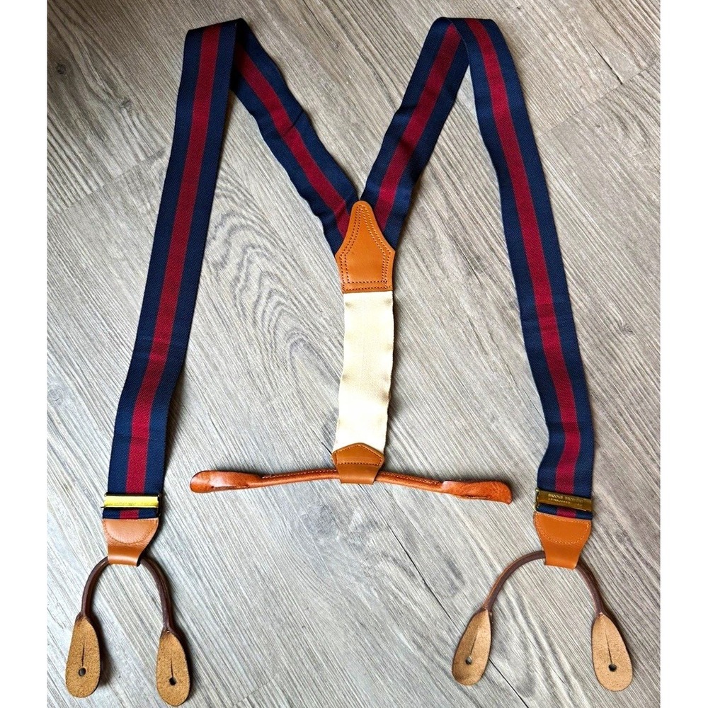 Vtg Brooks Brothers Suspenders Navy Red/ Burgundy Stripe Leather Button Braces